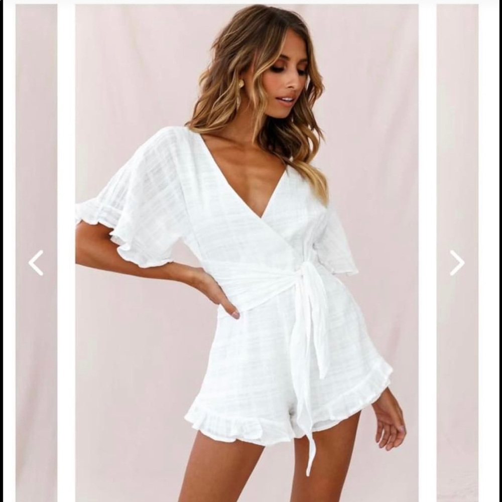 Selfie Leslie Karin Frill Trim Waist Tie Romper White